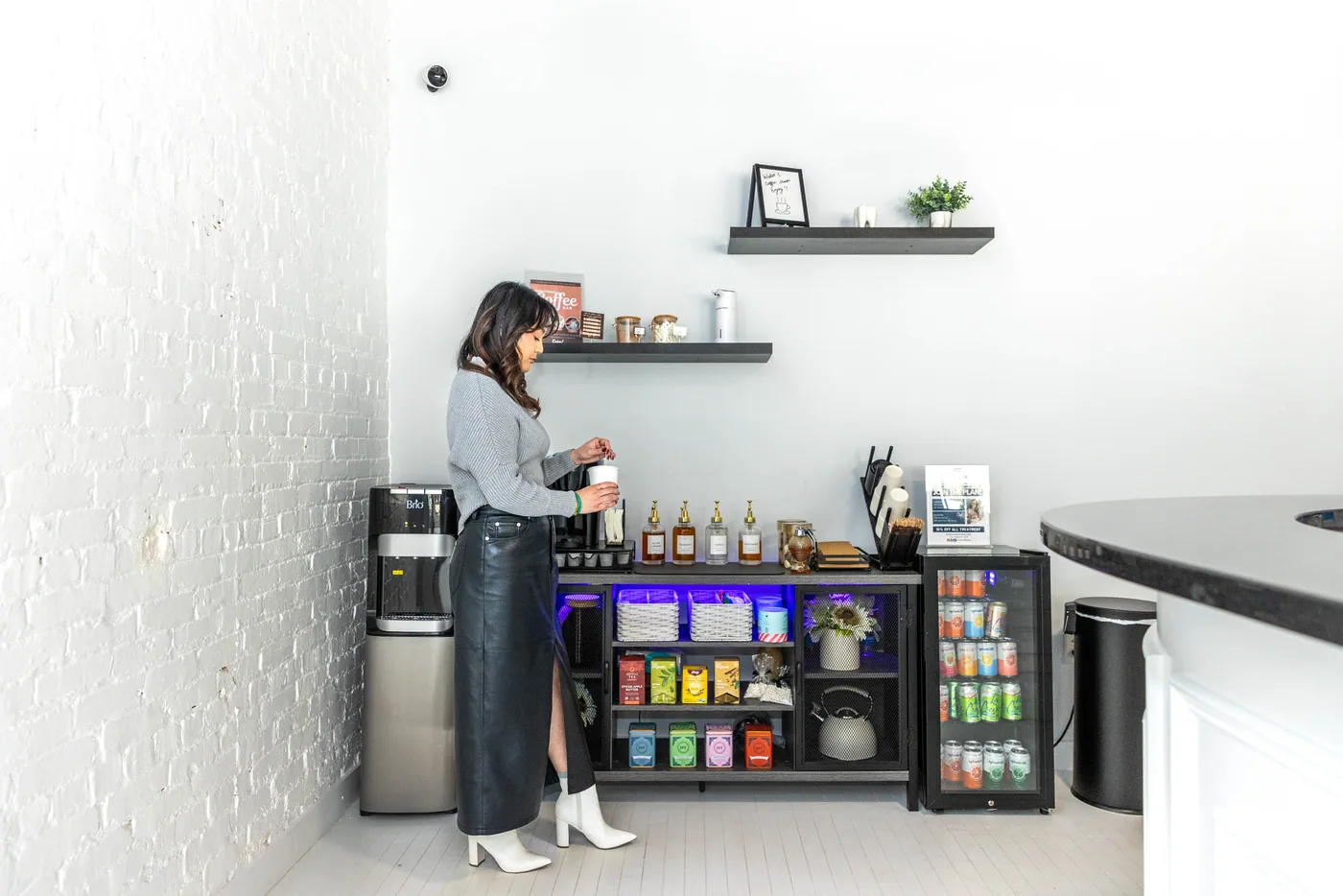 The refreshment station and amenities inside Embark Dental