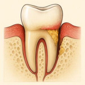 A tooth with a significant gum gap and periodontal disease